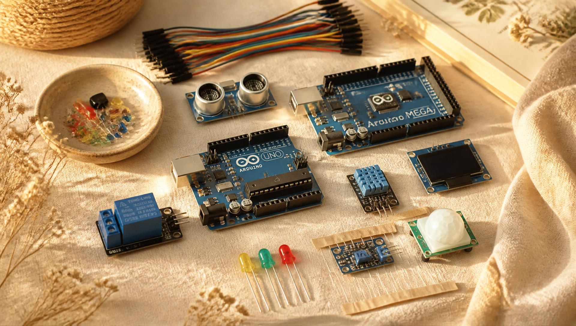Arduino boards, sensors and electronic components on a warm linen surface